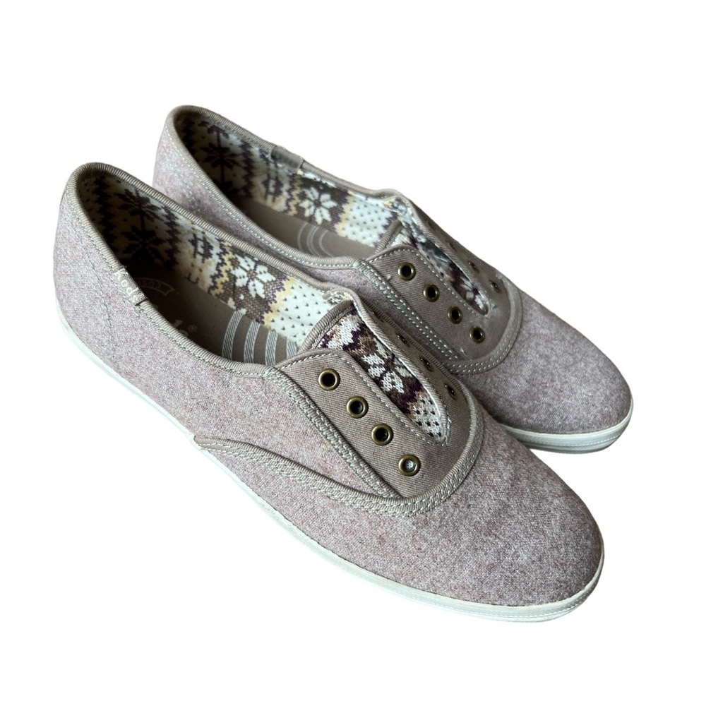 Keds Women’s Tan Wool Blend Fair Isle Cushioned Slip On Laceless Sneakers, Sz 8